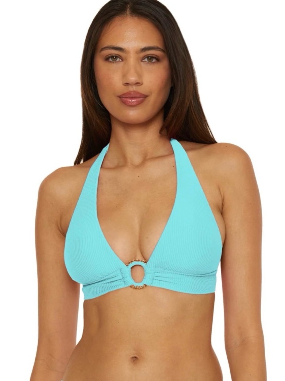 BECCA Aqua Halter Bikini Top with Gold Ring Accent
